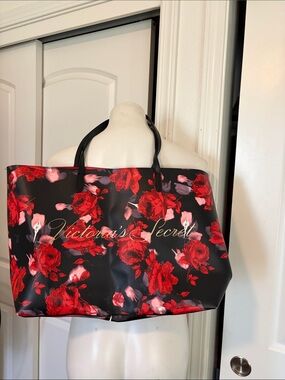 Victoria's Secret Black Tote with Red Rose Print and Gold Script